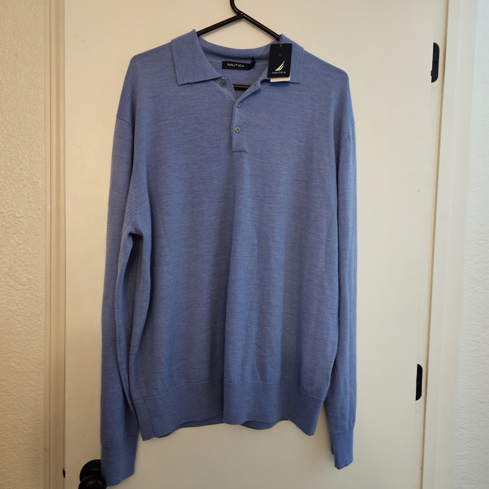 ***flawed*** Nautica Mens Blue Polo Sweater Size XL Merino Wool